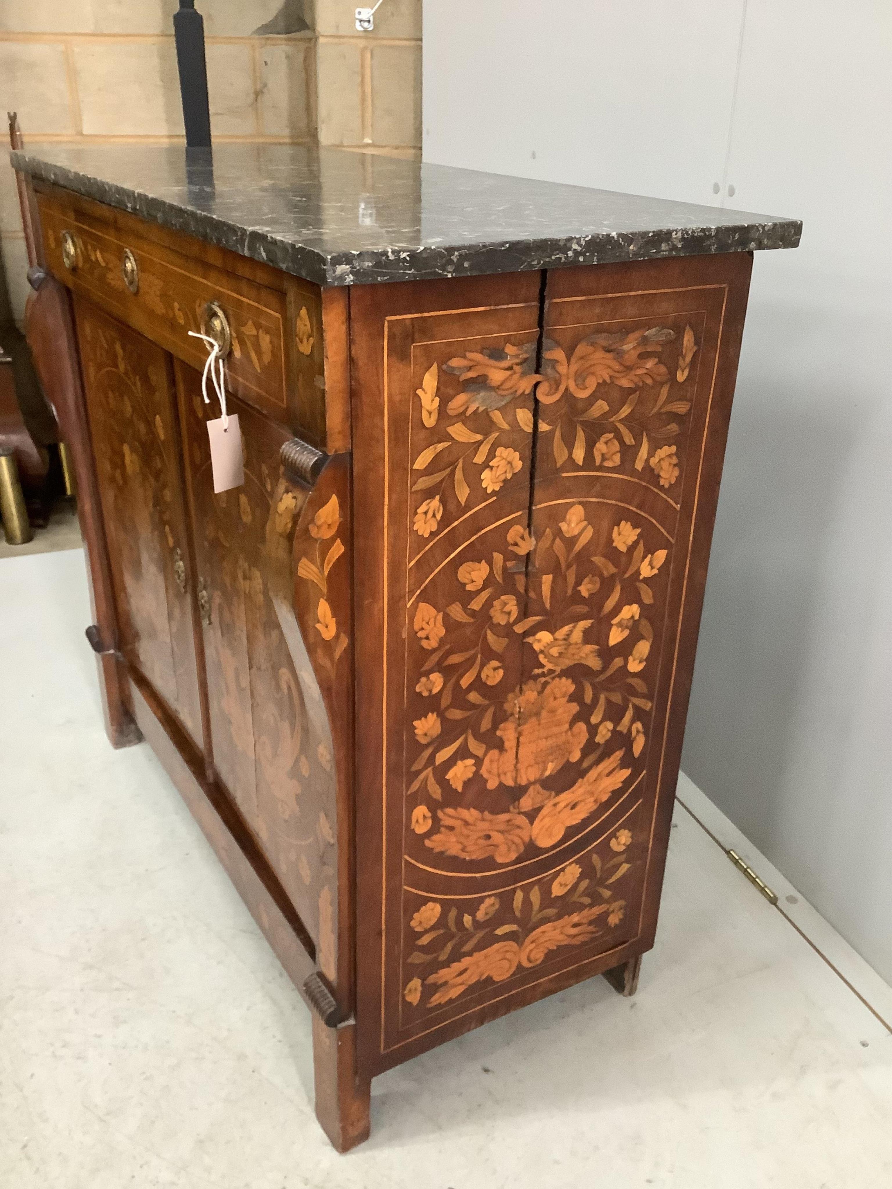 A 19th century Dutch walnut and marquetry cabinet with marble top, width 100cm, height 95cm. Condition - poor, cracking to both doors